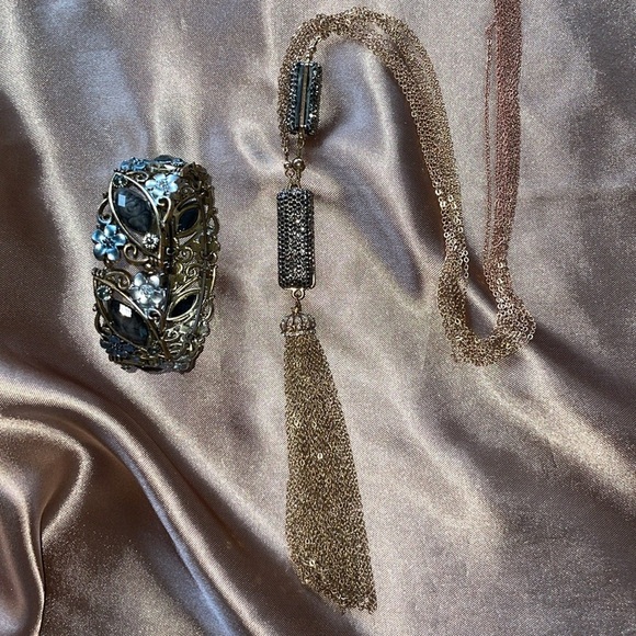 Hematite Encrusted Long Tassel Necklace with Cuff Bracelet Elegant Silver Gold - Picture 11 of 15